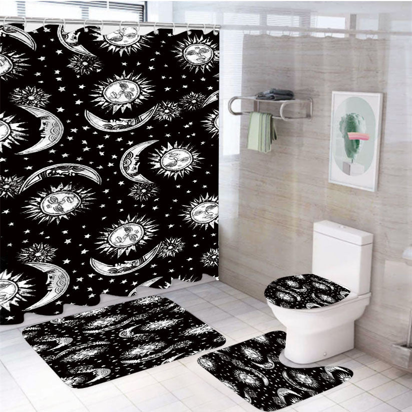 Sun And Moon Black White Pattern 4Pcs Bathroom Non-Slip Rugs Shower Curtain Fabric Waterproof