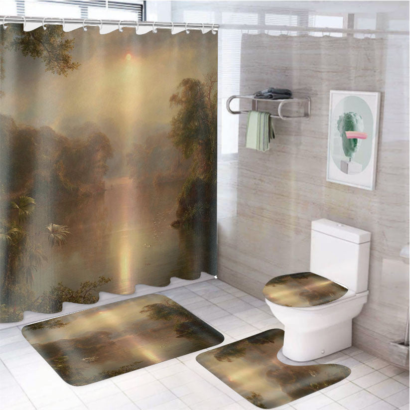 Sunny River Landscape 4Pcs Bathroom Non-Slip Rugs Shower Curtain Fabric Waterproof