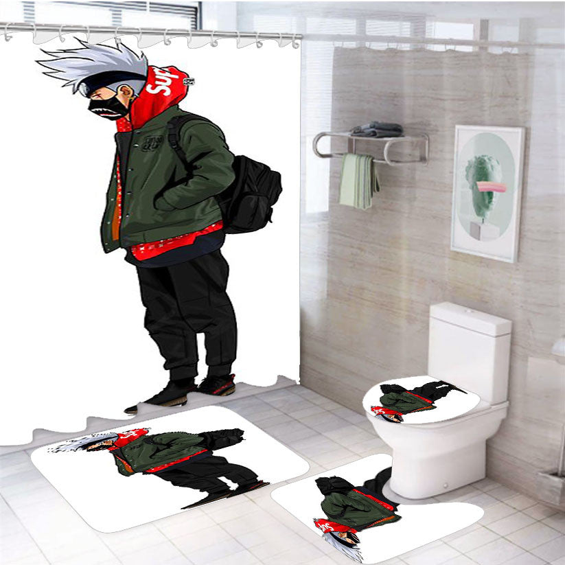 Sup Kakashi 4Pcs Bathroom Non-Slip Rugs Shower Curtain Fabric Waterproof