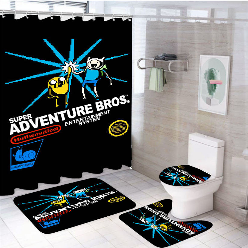 Super Adventure Bros 4Pcs Bathroom Non-Slip Rugs Shower Curtain Fabric Waterproof