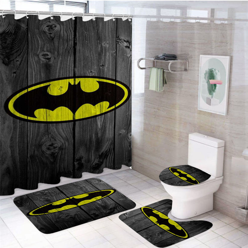 Super Hero Batman Wooden 4Pcs Bathroom Non-Slip Rugs Shower Curtain Fabric Waterproof