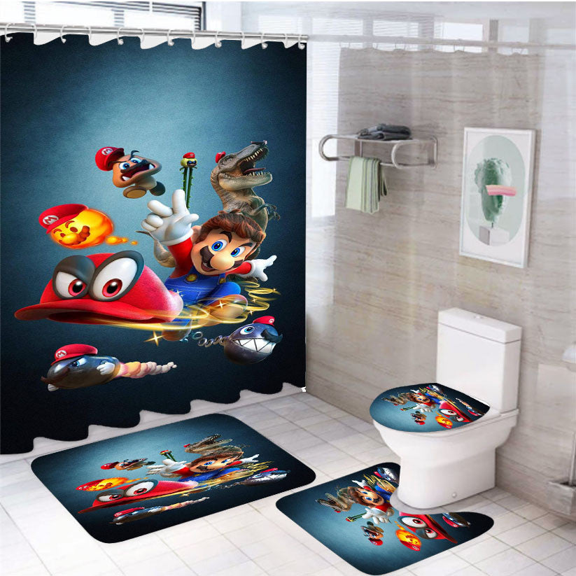 Super Mario 4Pcs Bathroom Non-Slip Rugs Shower Curtain Fabric Waterproof