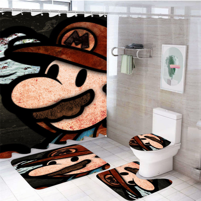 Super Mario 2 4Pcs Bathroom Non-Slip Rugs Shower Curtain Fabric Waterproof