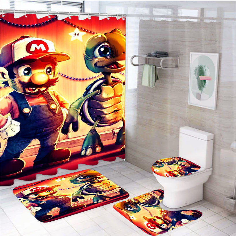 Super Mario And Koopa 4Pcs Bathroom Non-Slip Rugs Shower Curtain Fabric Waterproof