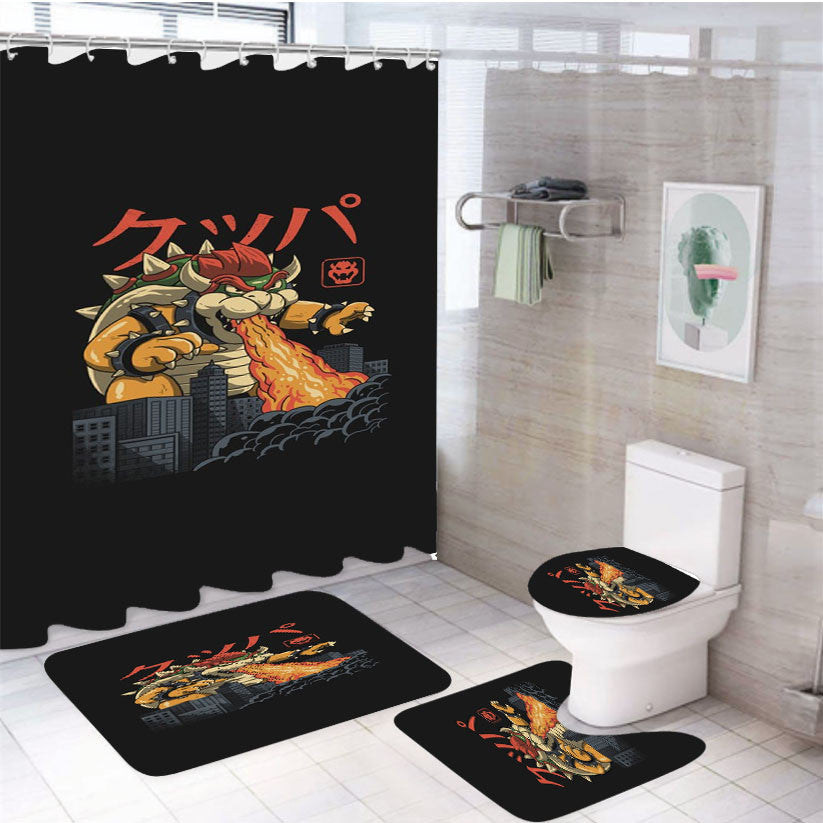 Super Mario Boss Enemy Bowser 4Pcs Bathroom Non-Slip Rugs Shower Curtain Fabric Waterproof