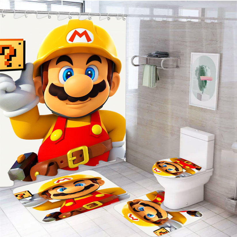 Super Mario Builder 4Pcs Bathroom Non-Slip Rugs Shower Curtain Fabric Waterproof
