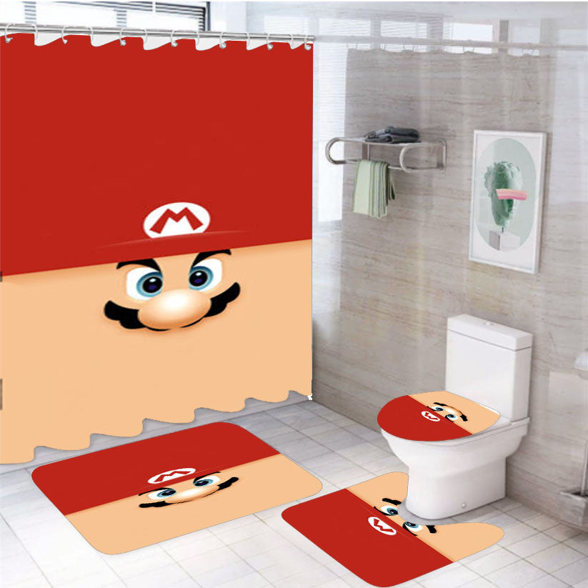 Super Mario Face 4Pcs Bathroom Non-Slip Rugs Shower Curtain Fabric Waterproof