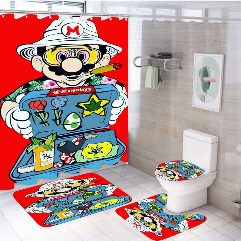 Super Mario Hypebeast Red 4Pcs Bathroom Non-Slip Rugs Shower Curtain Fabric Waterproof