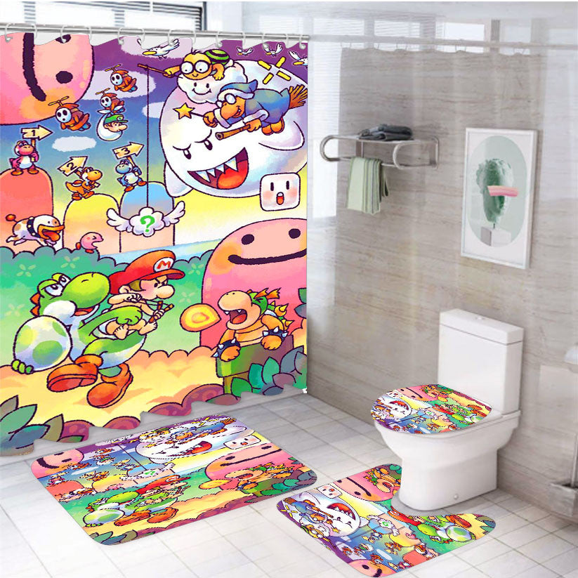 Super Mario Islands 4Pcs Bathroom Non-Slip Rugs Shower Curtain Fabric Waterproof