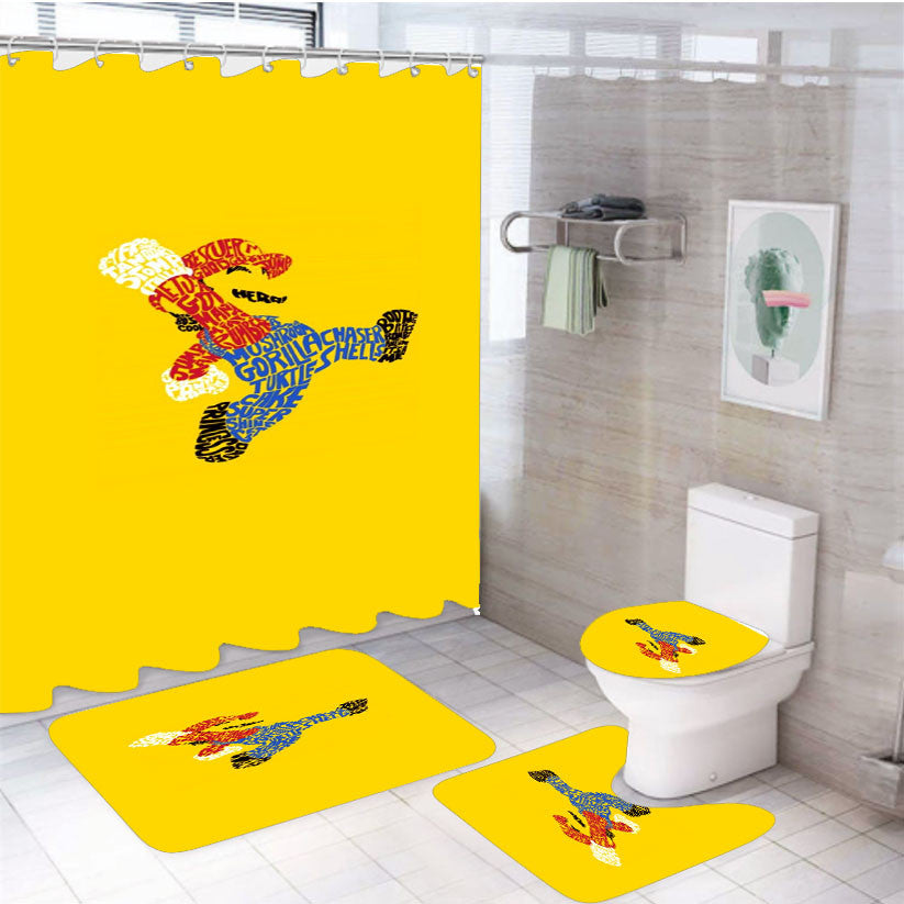 Super Mario Jump Typography Art Quotes 4Pcs Bathroom Non-Slip Rugs Shower Curtain Fabric Waterproof