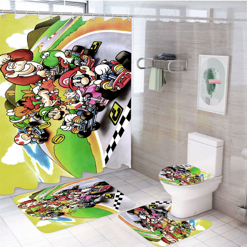 Super Mario Kart Wallpaper 4Pcs Bathroom Non-Slip Rugs Shower Curtain Fabric Waterproof