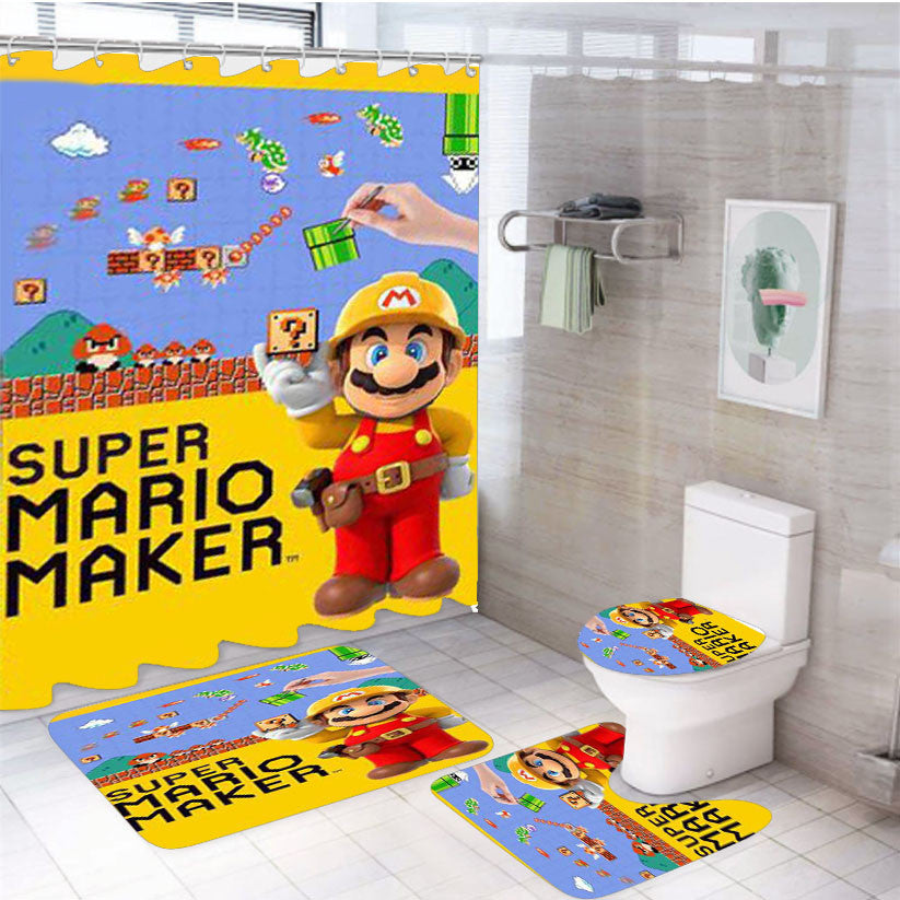Super Mario Maker 2 4Pcs Bathroom Non-Slip Rugs Shower Curtain Fabric Waterproof