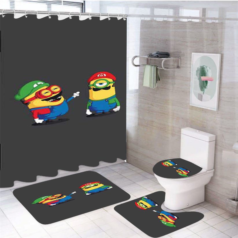 Super Mario Minions 4Pcs Bathroom Non-Slip Rugs Shower Curtain Fabric Waterproof