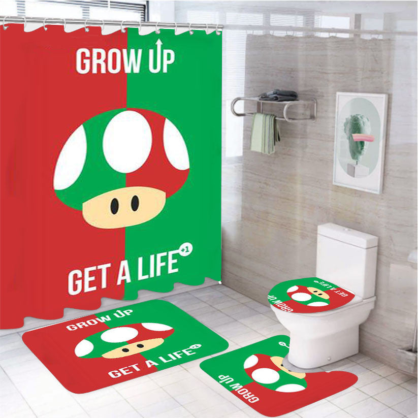 Super Mario Mushroom 4Pcs Bathroom Non-Slip Rugs Shower Curtain Fabric Waterproof