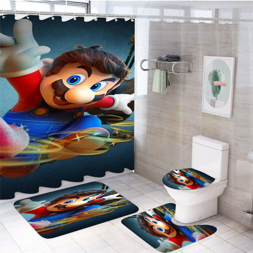 Super Mario Odyssey 4Pcs Bathroom Non-Slip Rugs Shower Curtain Fabric Waterproof