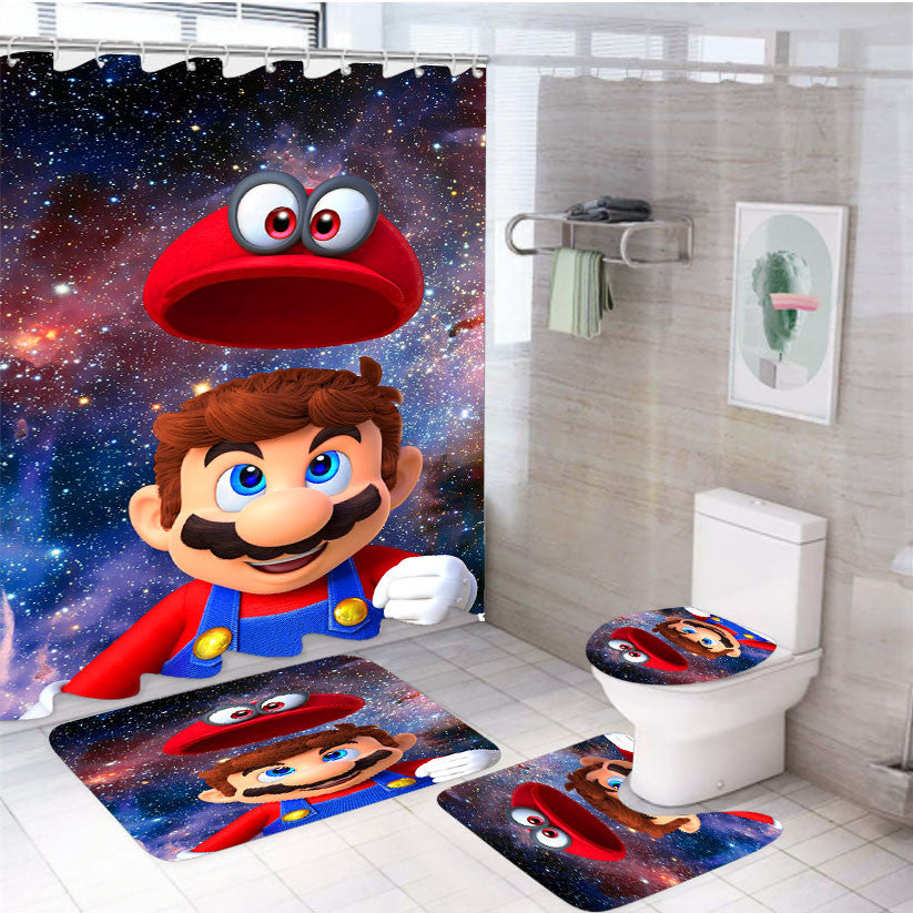 Super Mario Odyssey Nebula Wallpaper 4Pcs Bathroom Non-Slip Rugs Shower Curtain Fabric Waterproof