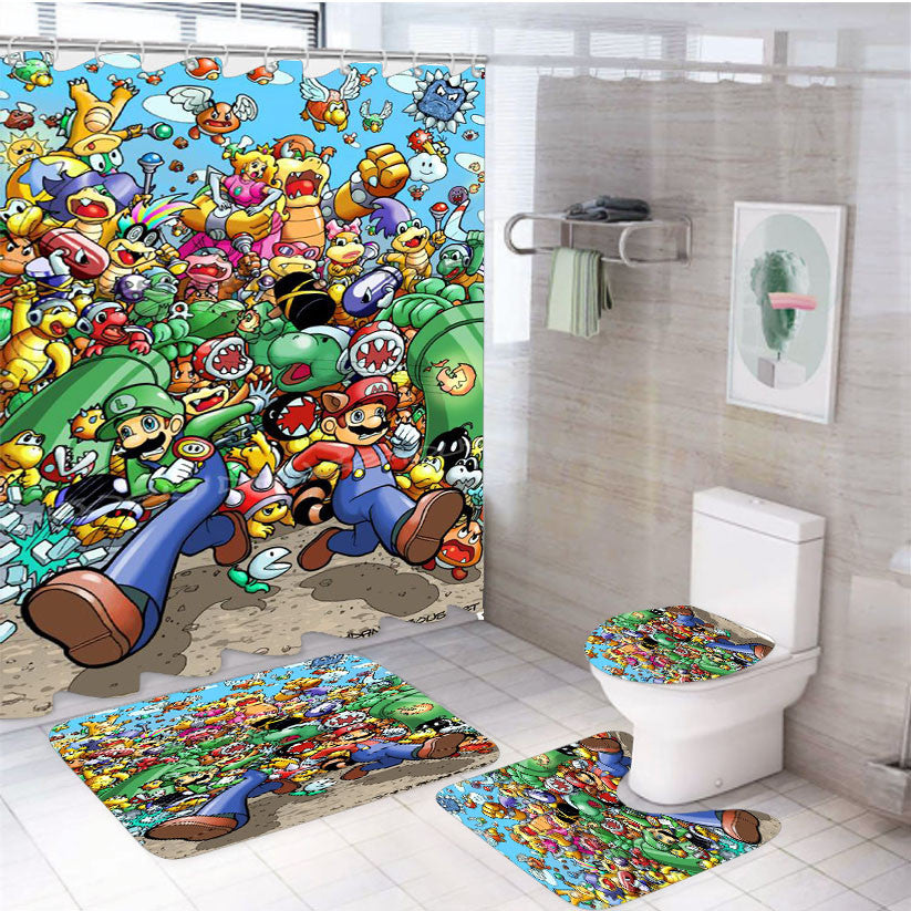 Super Mario Old Game 4Pcs Bathroom Non-Slip Rugs Shower Curtain Fabric Waterproof