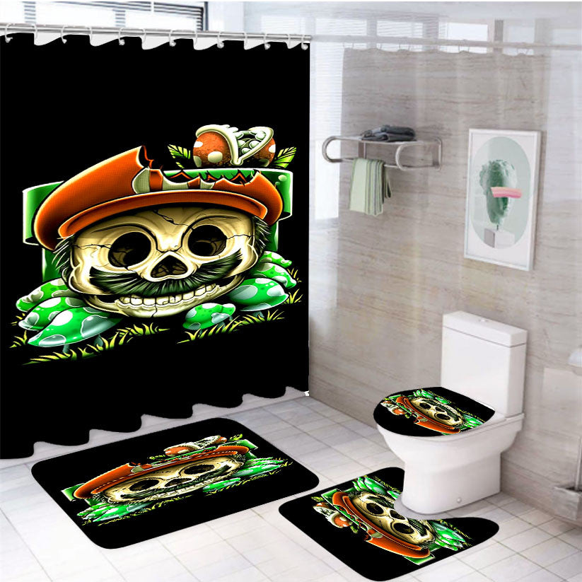 Super Mario Skull 4Pcs Bathroom Non-Slip Rugs Shower Curtain Fabric Waterproof