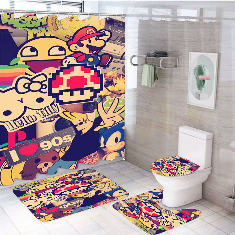 Super Mario Vintage 90S 4Pcs Bathroom Non-Slip Rugs Shower Curtain Fabric Waterproof
