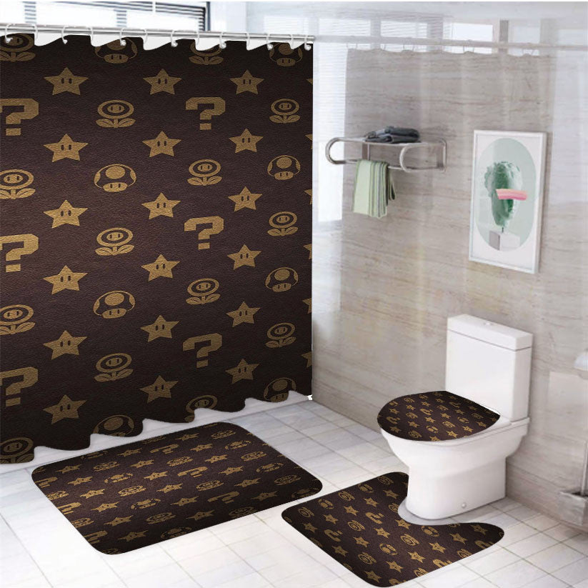 Super Mario Wallpaper 4Pcs Bathroom Non-Slip Rugs Shower Curtain Fabric Waterproof