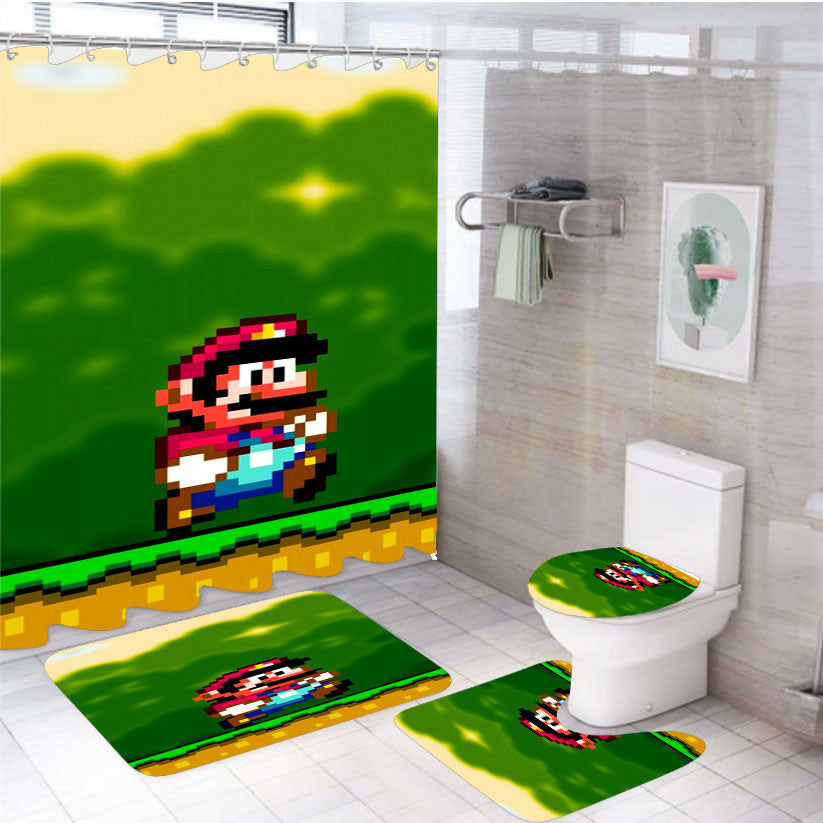 Super Mario World 4Pcs Bathroom Non-Slip Rugs Shower Curtain Fabric Waterproof