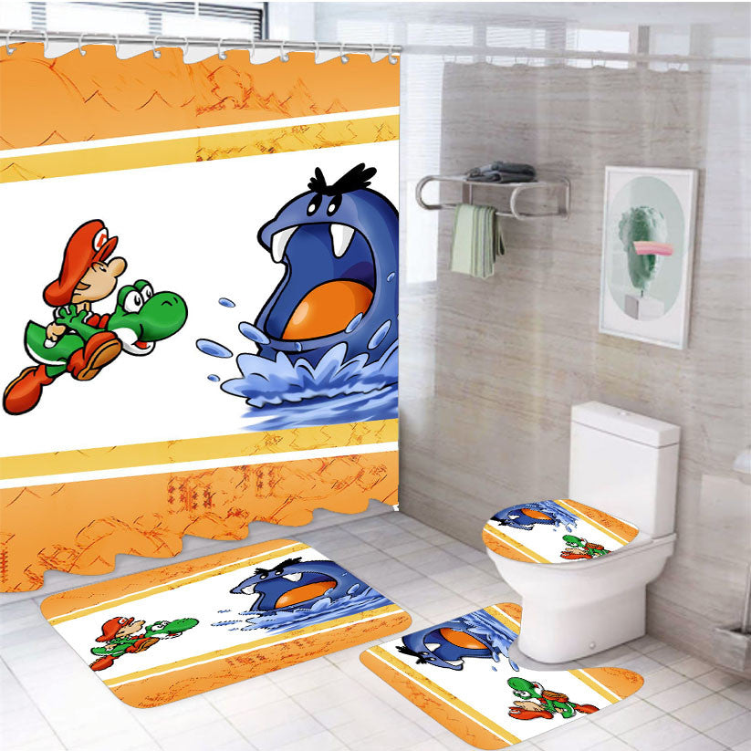 Super Mario World Yoshis Isla 4Pcs Bathroom Non-Slip Rugs Shower Curtain Fabric Waterproof