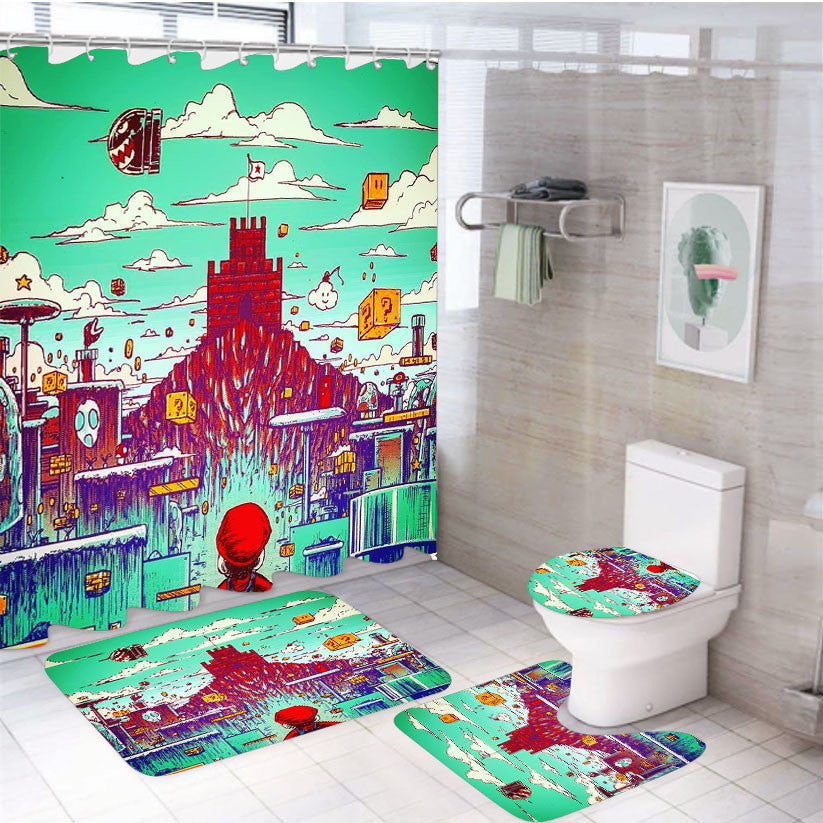 Super Mario World Art 4Pcs Bathroom Non-Slip Rugs Shower Curtain Fabric Waterproof