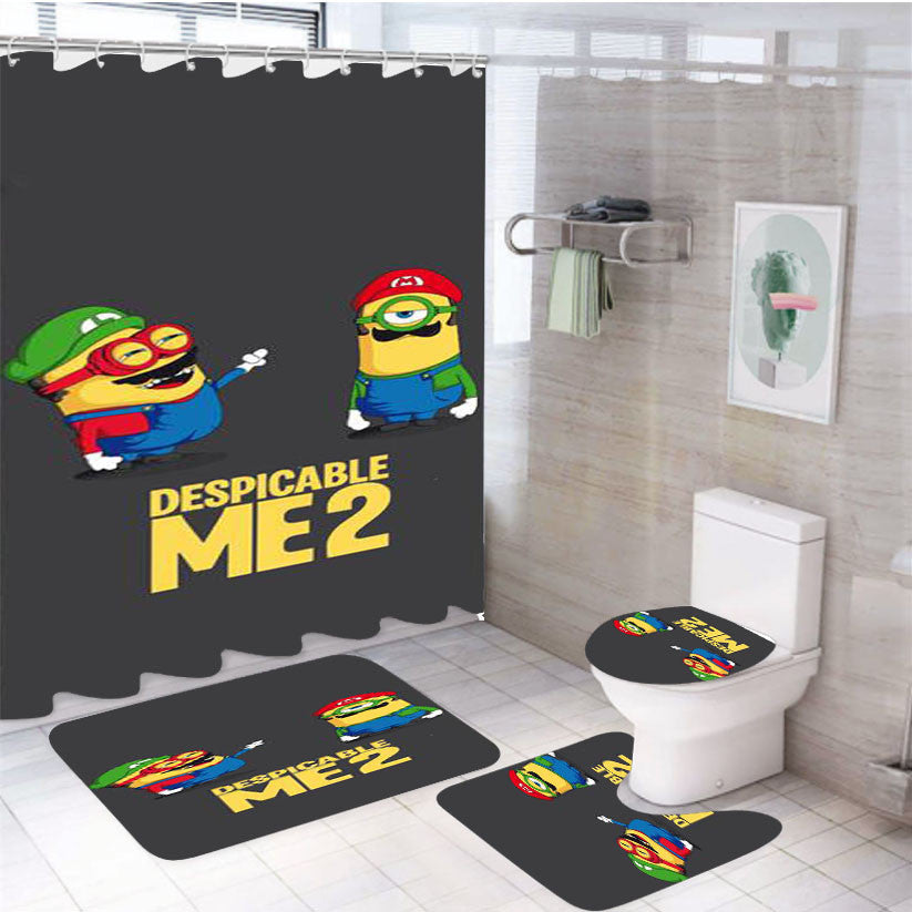 Super Minion Bros 4Pcs Bathroom Non-Slip Rugs Shower Curtain Fabric Waterproof