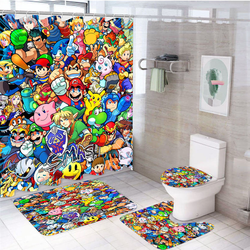 Super Smash Bros 4Pcs Bathroom Non-Slip Rugs Shower Curtain Fabric Waterproof