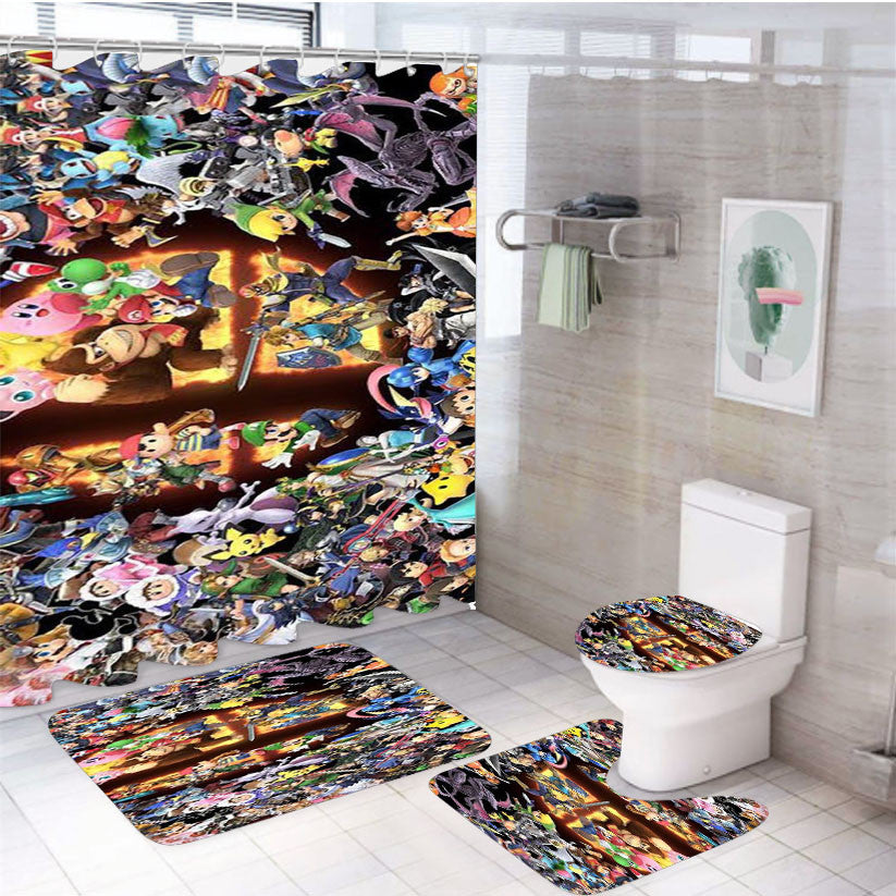 Super Smash Bros Game 4Pcs Bathroom Non-Slip Rugs Shower Curtain Fabric Waterproof