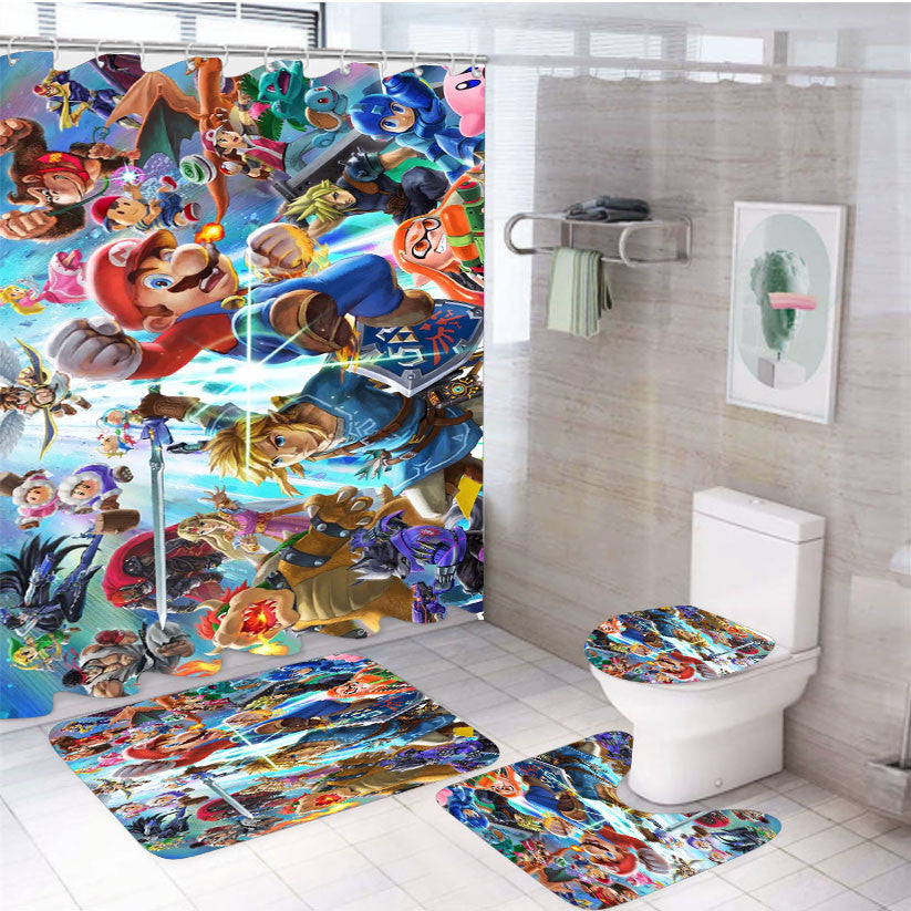 Super Smash Bros Ultimate Nintendo Switch Characters 4Pcs Bathroom Non-Slip Rugs Shower Curtain Fabric Waterproof