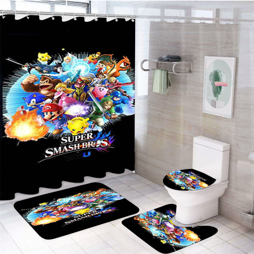 Super Smash Bros Wiiu 4Pcs Bathroom Non-Slip Rugs Shower Curtain Fabric Waterproof