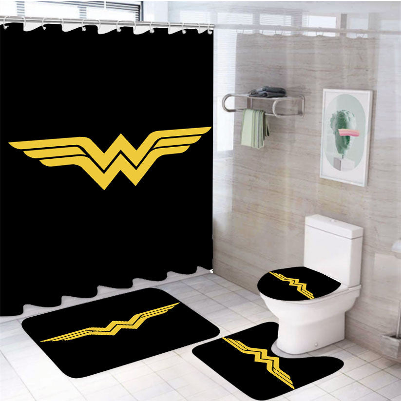 Superhero Wonder Woman Logo 4Pcs Bathroom Non-Slip Rugs Shower Curtain Fabric Waterproof