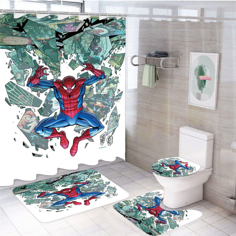 Superior Spiderman 4Pcs Bathroom Non-Slip Rugs Shower Curtain Fabric Waterproof