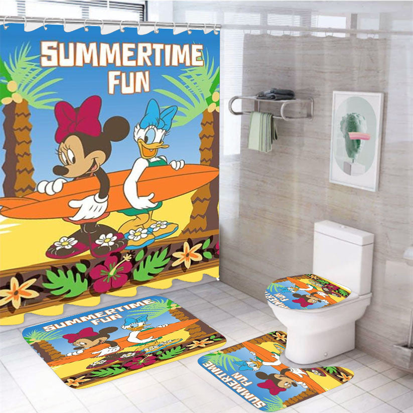 Surfergirls Minnie And Daisy 4Pcs Bathroom Non-Slip Rugs Shower Curtain Fabric Waterproof