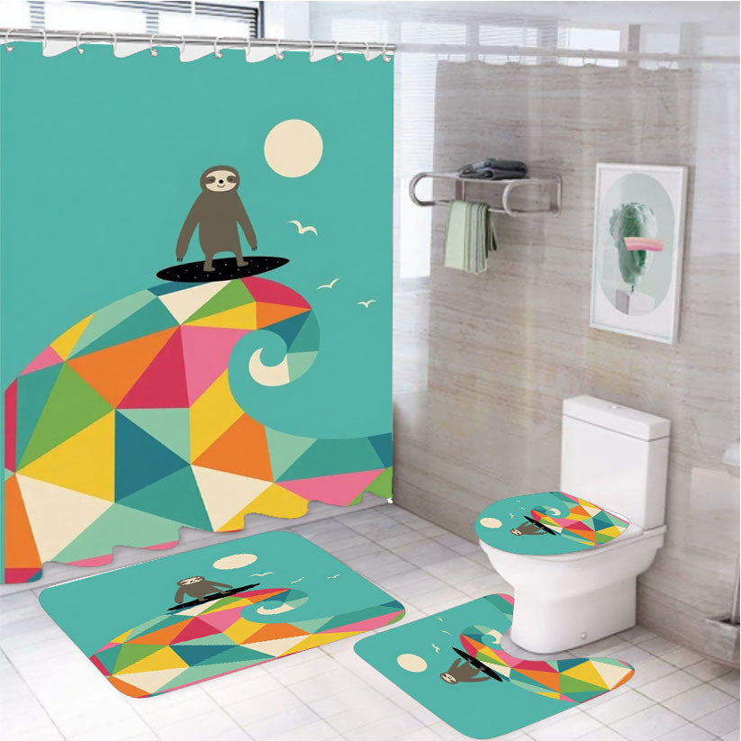Surfs Up 4Pcs Bathroom Non-Slip Rugs Shower Curtain Fabric Waterproof