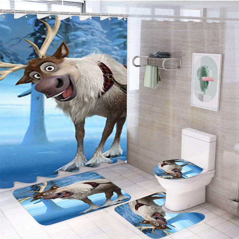 Sven Frozen Movie 4Pcs Bathroom Non-Slip Rugs Shower Curtain Fabric Waterproof