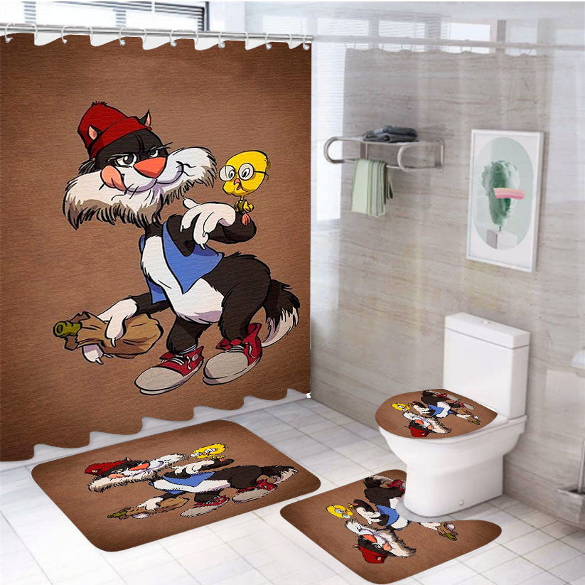 Sylvester Cat And Tweety Bird Looney Tunes Vintage 4Pcs Bathroom Non-Slip Rugs Shower Curtain Fabric Waterproof