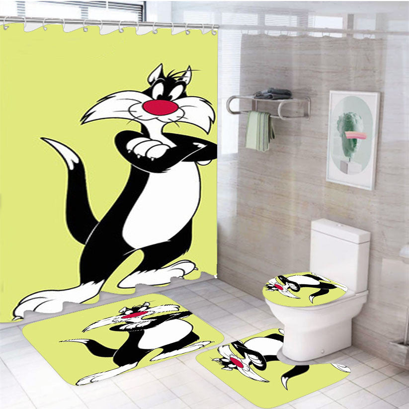 Sylvester Looney Tunes 4Pcs Bathroom Non-Slip Rugs Shower Curtain Fabric Waterproof