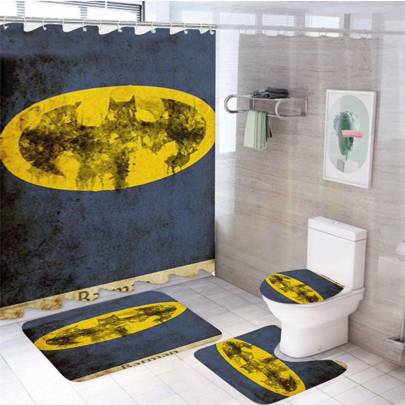 Symbol Batman 4Pcs Bathroom Non-Slip Rugs Shower Curtain Fabric Waterproof