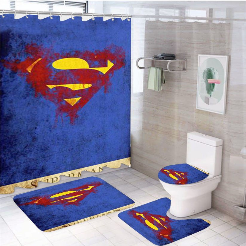 Symbol Superman 4Pcs Bathroom Non-Slip Rugs Shower Curtain Fabric Waterproof