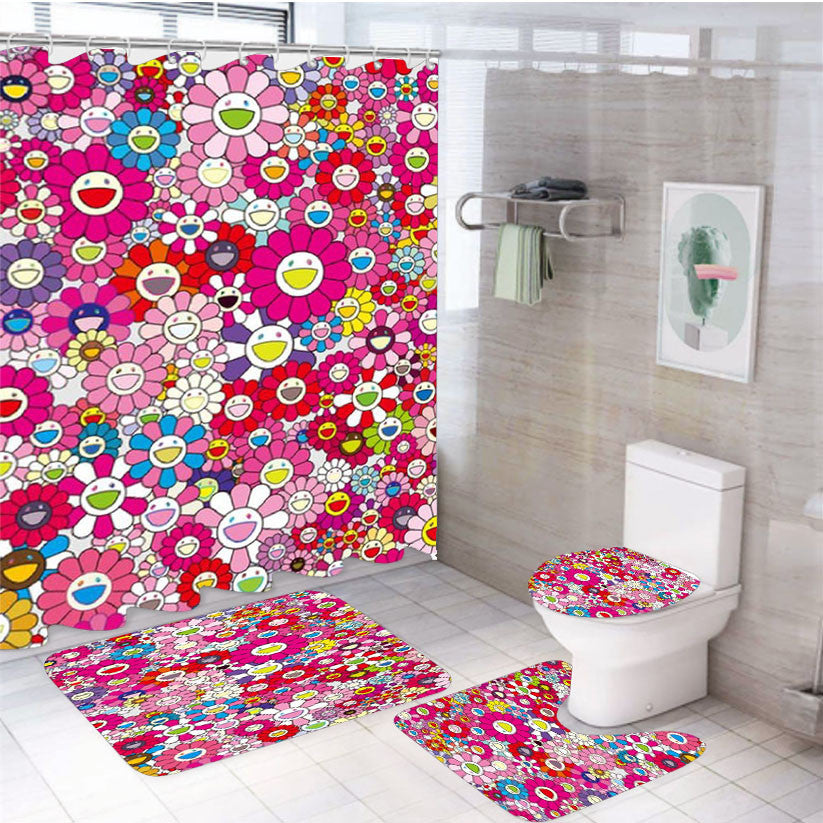Takashi Murakami Flowers Pink 4Pcs Bathroom Non-Slip Rugs Shower Curtain Fabric Waterproof