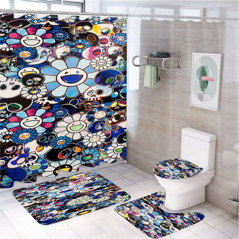 Takashi Murakami Skull 4Pcs Bathroom Non-Slip Rugs Shower Curtain Fabric Waterproof