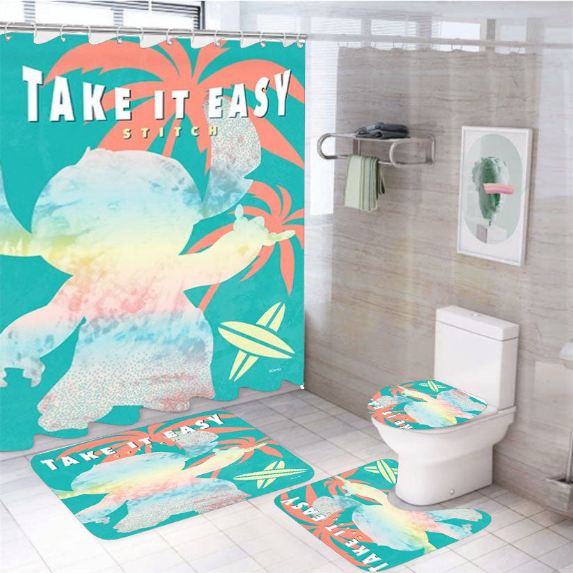 Take It Easy Stitch 4Pcs Bathroom Non-Slip Rugs Shower Curtain Fabric Waterproof