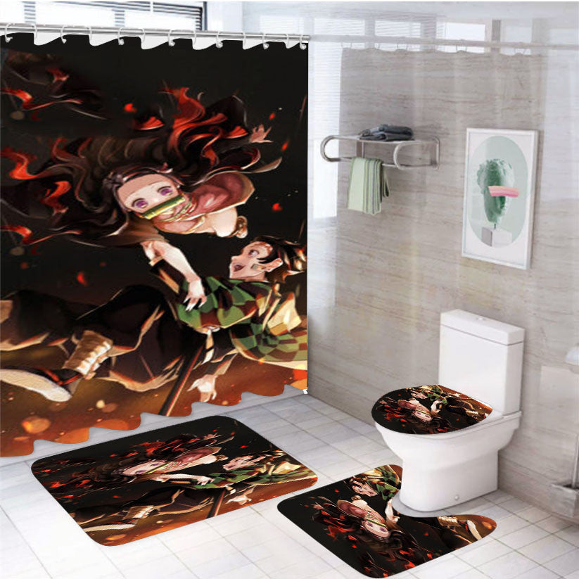 Tanjiro And Nezuko Demon Slayer 4Pcs Bathroom Non-Slip Rugs Shower Curtain Fabric Waterproof