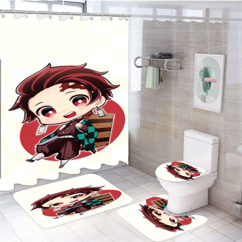 Tanjiro Kamado Chibi 4Pcs Bathroom Non-Slip Rugs Shower Curtain Fabric Waterproof