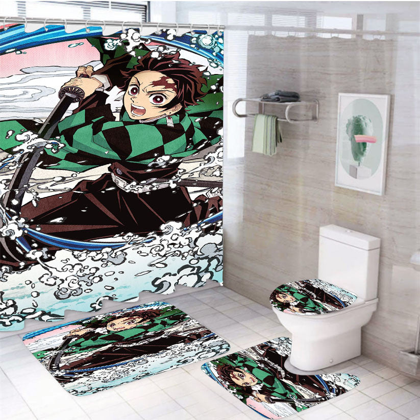 Tanjiro Kamado Water Breath 4Pcs Bathroom Non-Slip Rugs Shower Curtain Fabric Waterproof