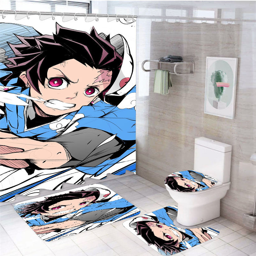 Tanjirou Kamado Breath Kimetsu No Yaiba 4Pcs Bathroom Non-Slip Rugs Shower Curtain Fabric Waterproof