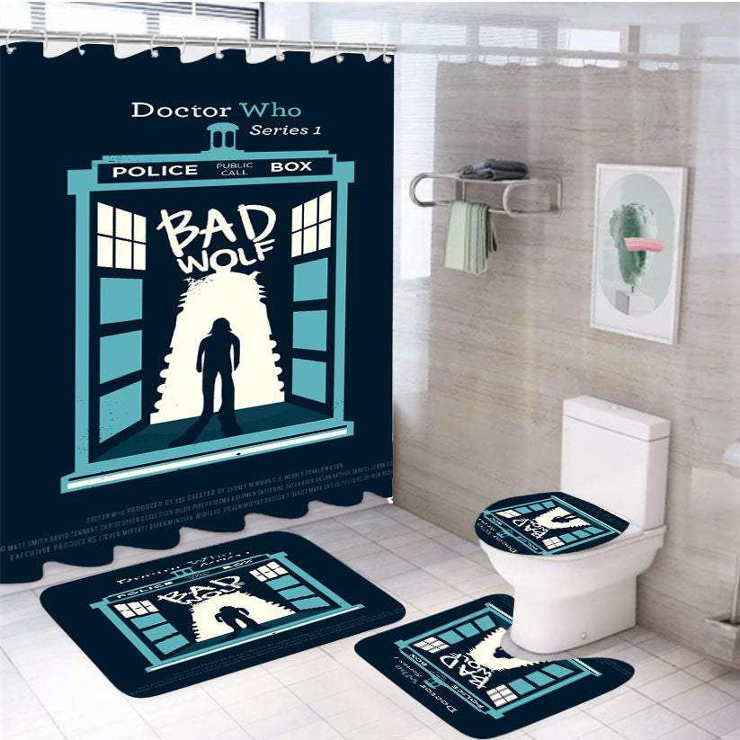 Tardis Bad Wolf 4Pcs Bathroom Non-Slip Rugs Shower Curtain Fabric Waterproof