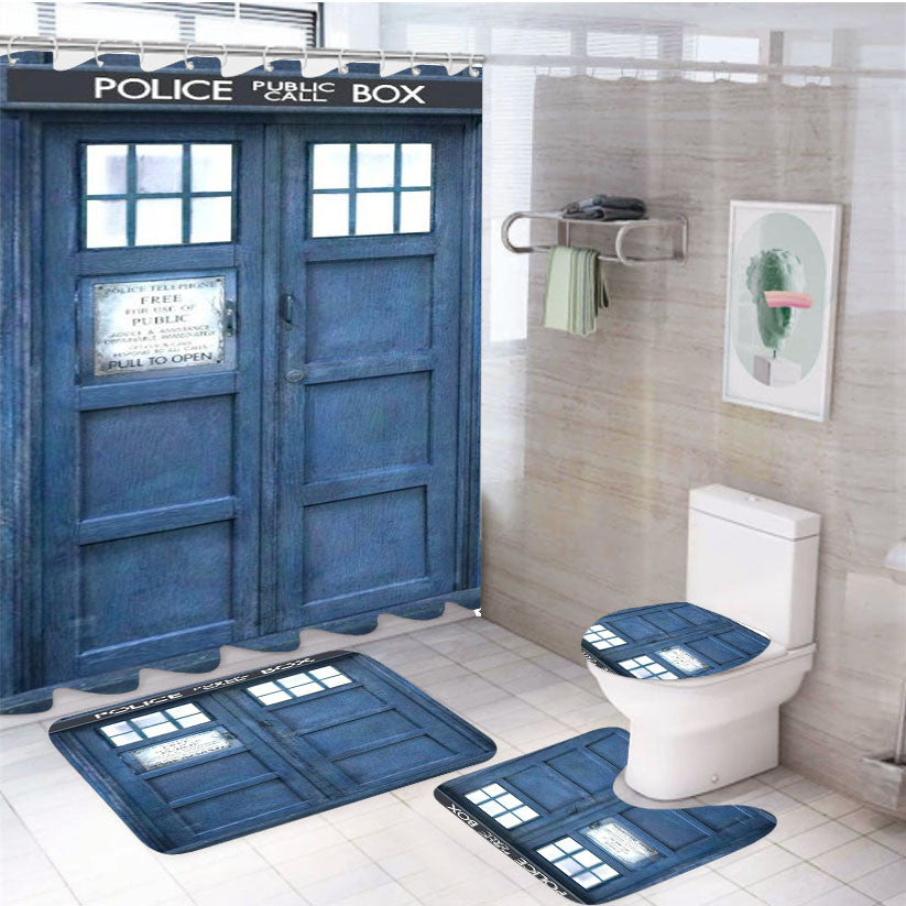 Tardis Blue Police Box Doctor Who 4Pcs Bathroom Non-Slip Rugs Shower Curtain Fabric Waterproof